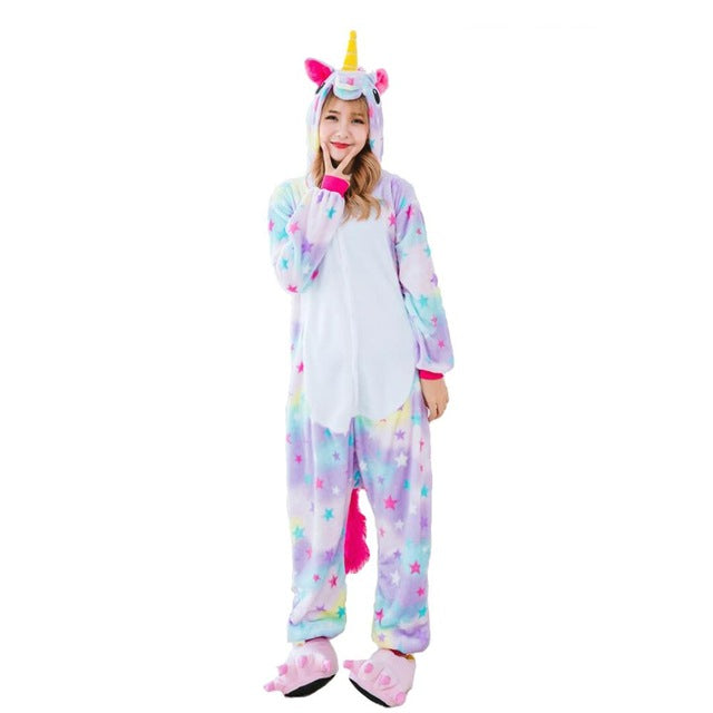 Adult Kigurumi Onesie Anime Women Costumes Cosplay Cartoon Animal Sleepwear Stitch Star Unicorn Pikachu Winter Warm Hooded 2019