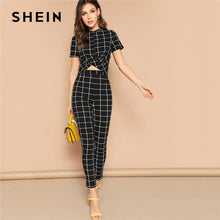 Load image into Gallery viewer, SHEIN Black Cross Wrap Front Grid Crop Top And Pants Matching Set Women Spring Skinny Elegant Short Sleeve Plaid Two Piece Set