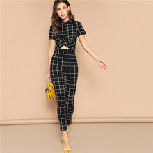 Load image into Gallery viewer, SHEIN Black Cross Wrap Front Grid Crop Top And Pants Matching Set Women Spring Skinny Elegant Short Sleeve Plaid Two Piece Set
