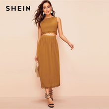 Load image into Gallery viewer, SHEIN Elegant Brown Buttoned Back Lace Trim Crop Top and Long Skirt Set Women Spring Summer 2019 Sleeveless Fitted Two Piece Set