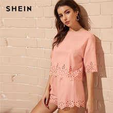Load image into Gallery viewer, SHEIN Casual Pink Scallop Trim Laser Cut Keyhole Back Top and Shorts 2 Piece Set Women Summer Solid Boho Loose Two Piece Set