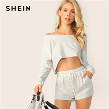 Load image into Gallery viewer, SHEIN Heathered Knit Crop Top And Shorts Set Summer Stretchy Grey Long Sleeve Two Piece Set 2019 Boat Neck Women Two Piece