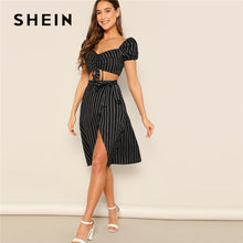 Load image into Gallery viewer, SHEIN Drawstring Waist Crop Top Wrap Knot Skirt Set Women Summer Two Piece Outfits Puff Sleeve Blouse Belted Skirt Two Piece Set