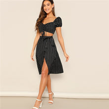 Load image into Gallery viewer, SHEIN Drawstring Waist Crop Top Wrap Knot Skirt Set Women Summer Two Piece Outfits Puff Sleeve Blouse Belted Skirt Two Piece Set