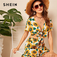 Load image into Gallery viewer, SHEIN Sunflower Knotted Crop Top And Ruffle Hem Shorts Two Piece Set Women Summer Vacation Sexy V Neck Blouse Matching Sets