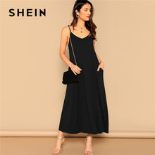 Load image into Gallery viewer, SHEIN Pocket Patched Swing Cami Summer Dress Women Clothes 2019 Solid Casual Sleeveless Straight Maxi Dress Ladies Black Dress