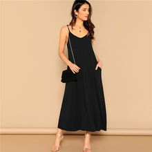 Load image into Gallery viewer, SHEIN Pocket Patched Swing Cami Summer Dress Women Clothes 2019 Solid Casual Sleeveless Straight Maxi Dress Ladies Black Dress
