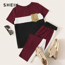 Load image into Gallery viewer, SHEIN Sequin Pocket Patched Colorblock Top and Pants Set Short Sleeve Two Piece Set 2019 Casual Spring Autumn Women Sets