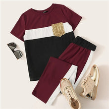 Load image into Gallery viewer, SHEIN Sequin Pocket Patched Colorblock Top and Pants Set Short Sleeve Two Piece Set 2019 Casual Spring Autumn Women Sets