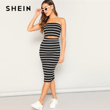 Load image into Gallery viewer, SHEIN Sexy Striped Bandeau Crop Top And Slit Hem Skirt 2 Piece Set Women Summer Sleeveless Top And Pencil Skirt Two Piece Set