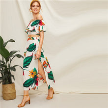 Load image into Gallery viewer, SHEIN Ruffle Trim Tropical Print Blouse Crop Top and Split Side Long Skirt Set 2 Piece Set Women Summer Boho Two Piece Set